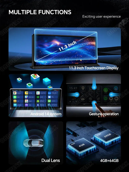 4GB+64GB 11.3 Inch Android 14 Dual Lens Dash cam Camera
