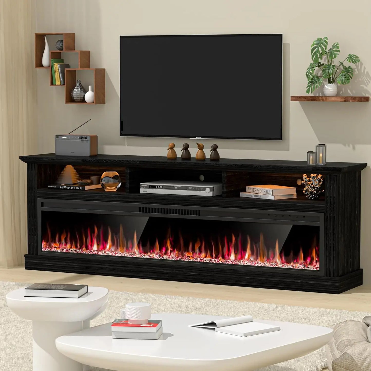 58" Fireplace TV Stand for TVs Up to 65" with 52" Electric Fireplace,White Entertainment Center,Led Light TV Consoles