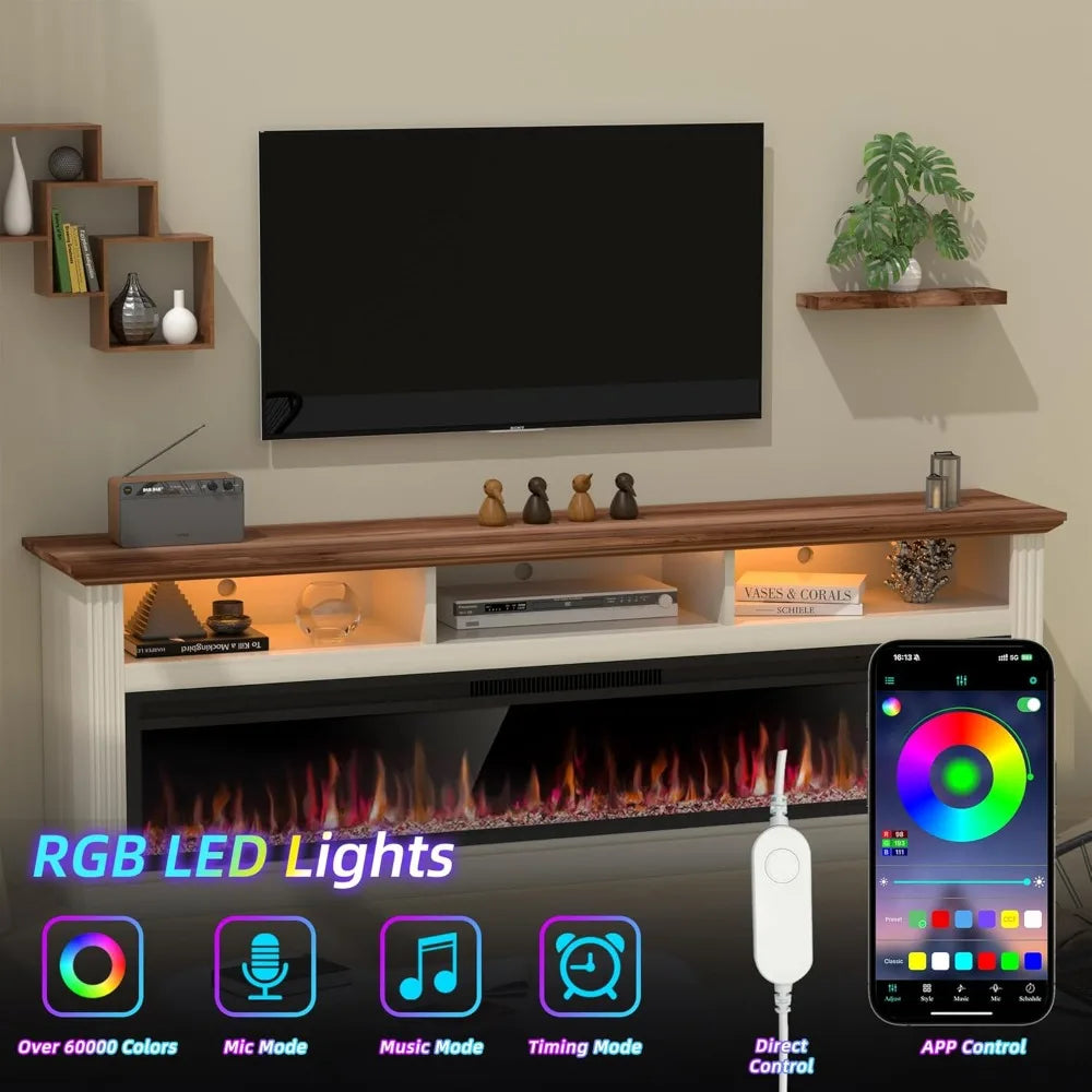 58" Fireplace TV Stand for TVs Up to 65" with 52" Electric Fireplace,White Entertainment Center,Led Light TV Consoles