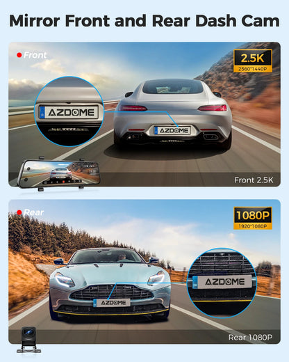AZDOME PG17 12" WiFi Mirror Dash Cam 4K Front and 1080P Rear View Mirror Camera for Cars