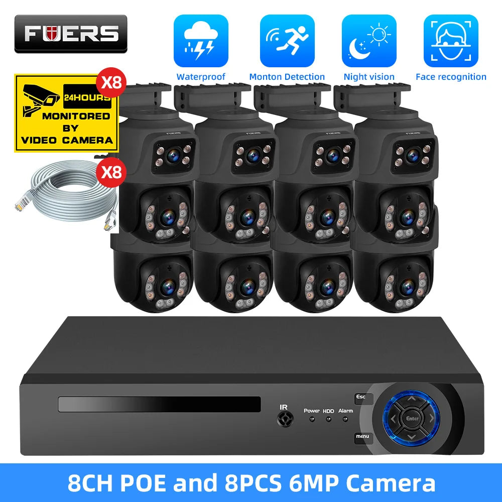 FUERS 8CH Poe 6MP Camera System Video Surveillance Kit Security Camera Ptz Camera Outdoor Camera Two Way Audio Full Color Night