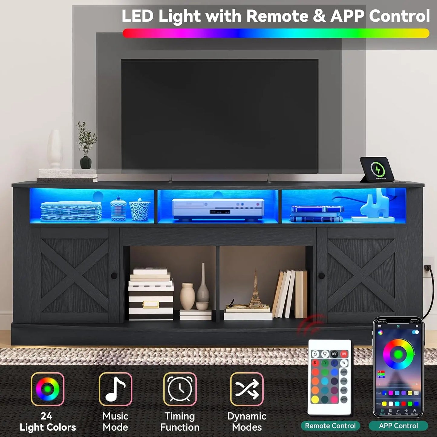 TV Stand for 75/80 Inch TV,Black Entertainment Center 70 Inches Wide,Media Furniture TV Table with with Power Outlet,TV Consoles