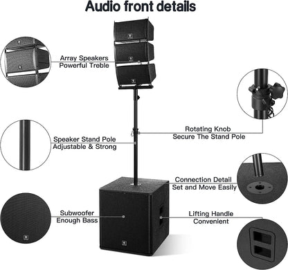PRORECK 18INCH 8000W P.M.P.O Stereo Bluetooth/DJ/Powered PA Speaker System Combo Set with Two Subwoofers and 6 Line Array Speake