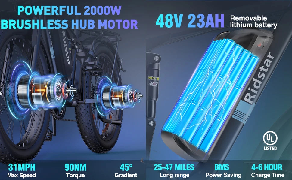 Ridstar 2000W Electric Bike 26 Inch Fat Tire Adult Ebike 48V 23AH Battery Dual Motor Off-Road All Terrain Electric Bicycle EMTB