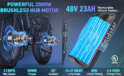 Ridstar 2000W Electric Bike 26 Inch Fat Tire Adult Ebike 48V 23AH Battery Dual Motor Off-Road All Terrain Electric Bicycle EMTB