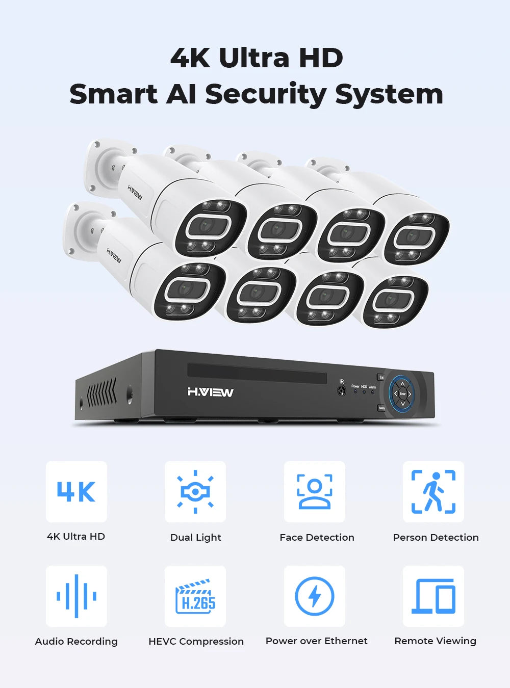 H.View 4K 5Mp 8Mp poe Cctv Security Camera System Home Video Surveillance Kit 8Ch Nvr Audio Outdoor Ip Camera xmeye app