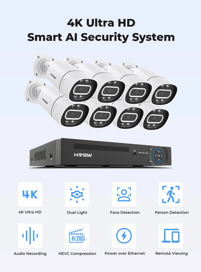 H.View 4K 5Mp 8Mp poe Cctv Security Camera System Home Video Surveillance Kit 8Ch Nvr Audio Outdoor Ip Camera xmeye app