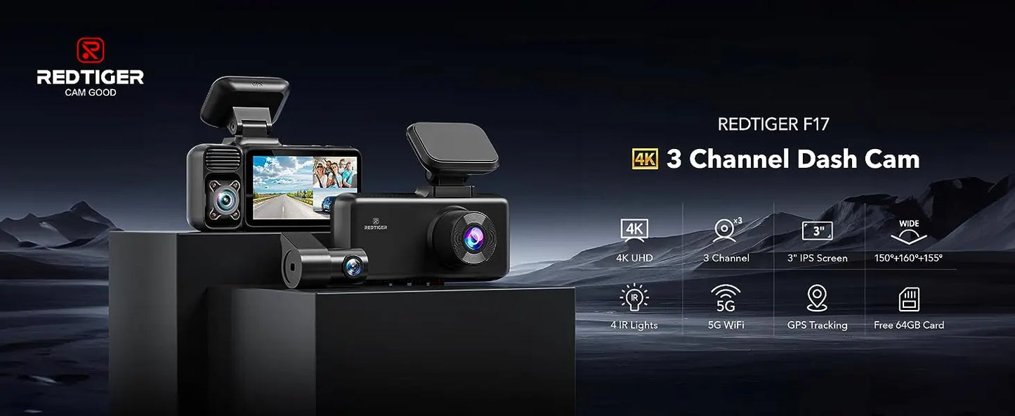 REDTIGER 3 Channel Car Camera 4k Dash Camera