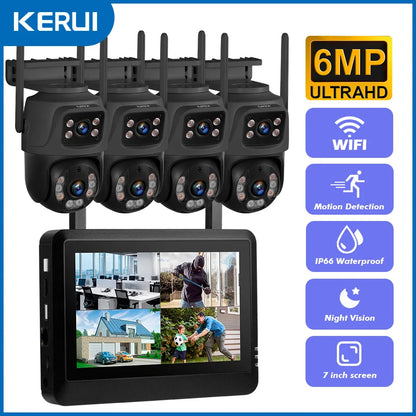 KERUI Wireless 6MP Dual Lens WIFI IP Camera 8CH NVR 7-inch LCD Screen Video Recorder  Home Security Camera System Surveillance