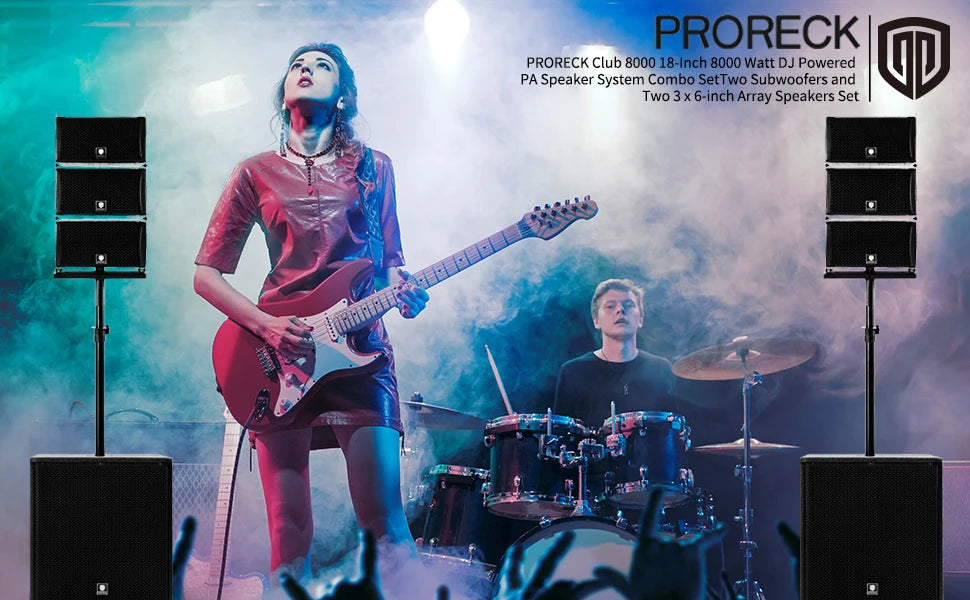 PRORECK 18INCH 8000W P.M.P.O Stereo Bluetooth/DJ/Powered PA Speaker System Combo Set with Two Subwoofers and 6 Line Array Speake