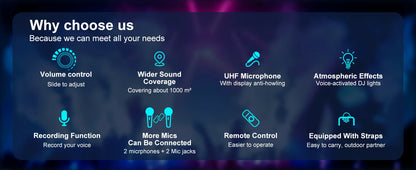 Wireless Bluetooth Speaker, Karaoke Machine with 2 Microphone, Home Karaoke System with LED Party Light, Remote Control