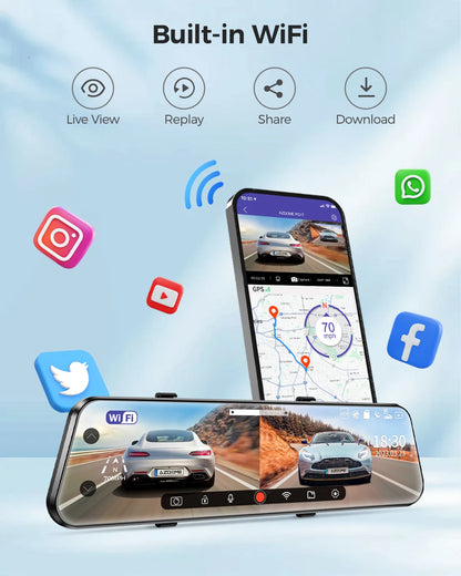 AZDOME PG17 12" WiFi Mirror Dash Cam 4K Front and 1080P Rear View Mirror Camera for Cars