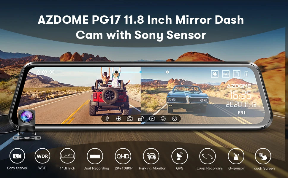 AZDOME PG17 12" WiFi Mirror Dash Cam 4K Front and 1080P Rear View Mirror Camera for Cars