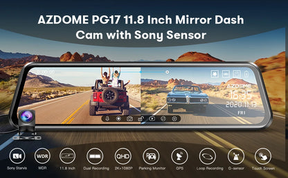 AZDOME PG17 12" WiFi Mirror Dash Cam 4K Front and 1080P Rear View Mirror Camera for Cars