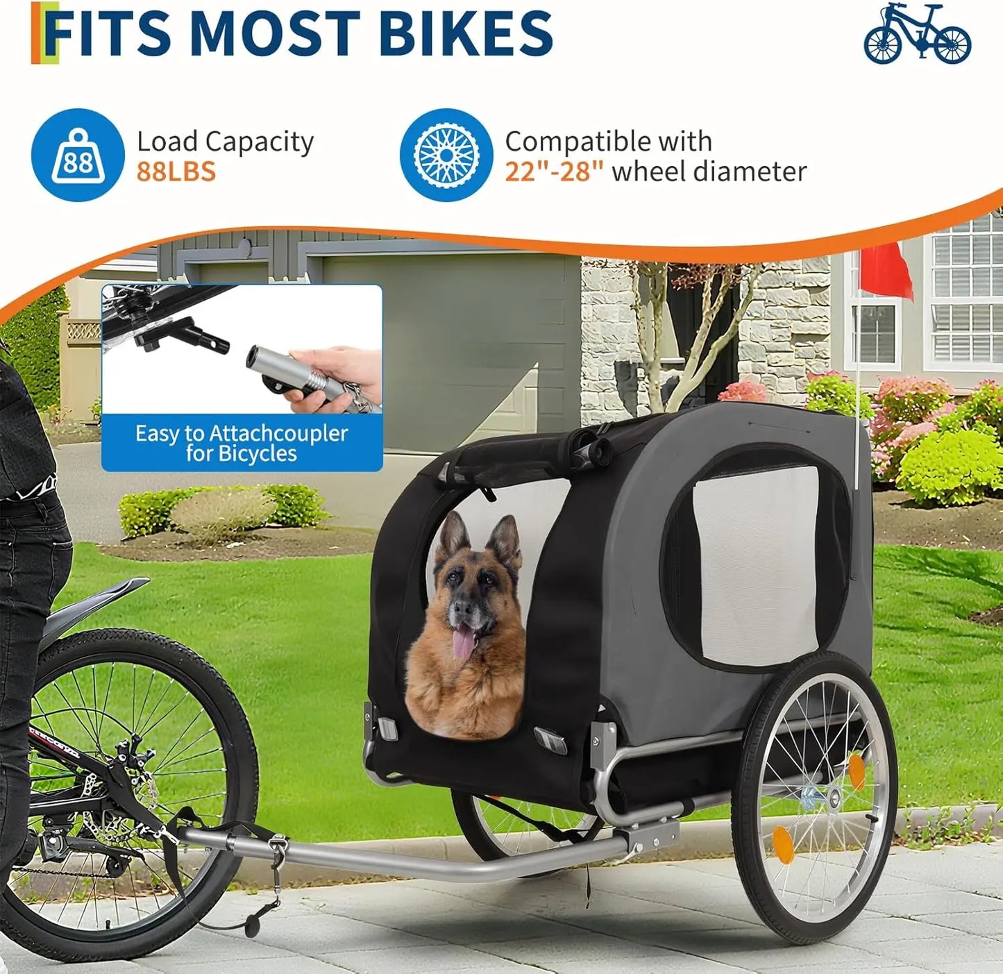 Dog Bike Trailer, 88LBS Pet Bicycle Trailer, Pet Cart Bicycle Carrier Easy Folding Cart Frame, Quick Release Wheel, Universal Bi