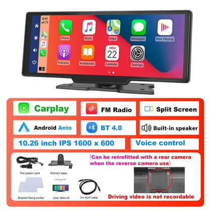 Podofo 10.26" Dash Cam 4K Rearview Camera Dashboard DVR Car Monitor