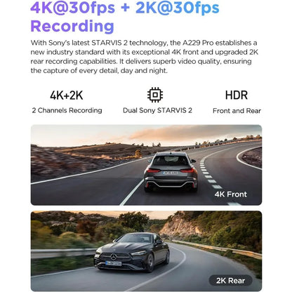 A229 Pro 4K HDR Dash Cam,  4K+2K Front and Rear Car Camera, 2 Channel with HDR, Voice Control