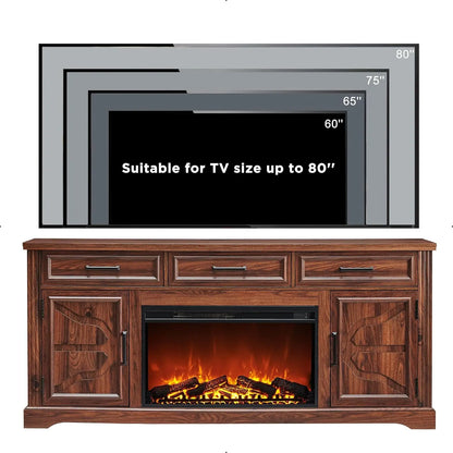 Farmhouse TV Stand for Up to 80 Inch TV, Entertainment Center with Electric Fireplace, Storage Cabinet Drawer for Living Room