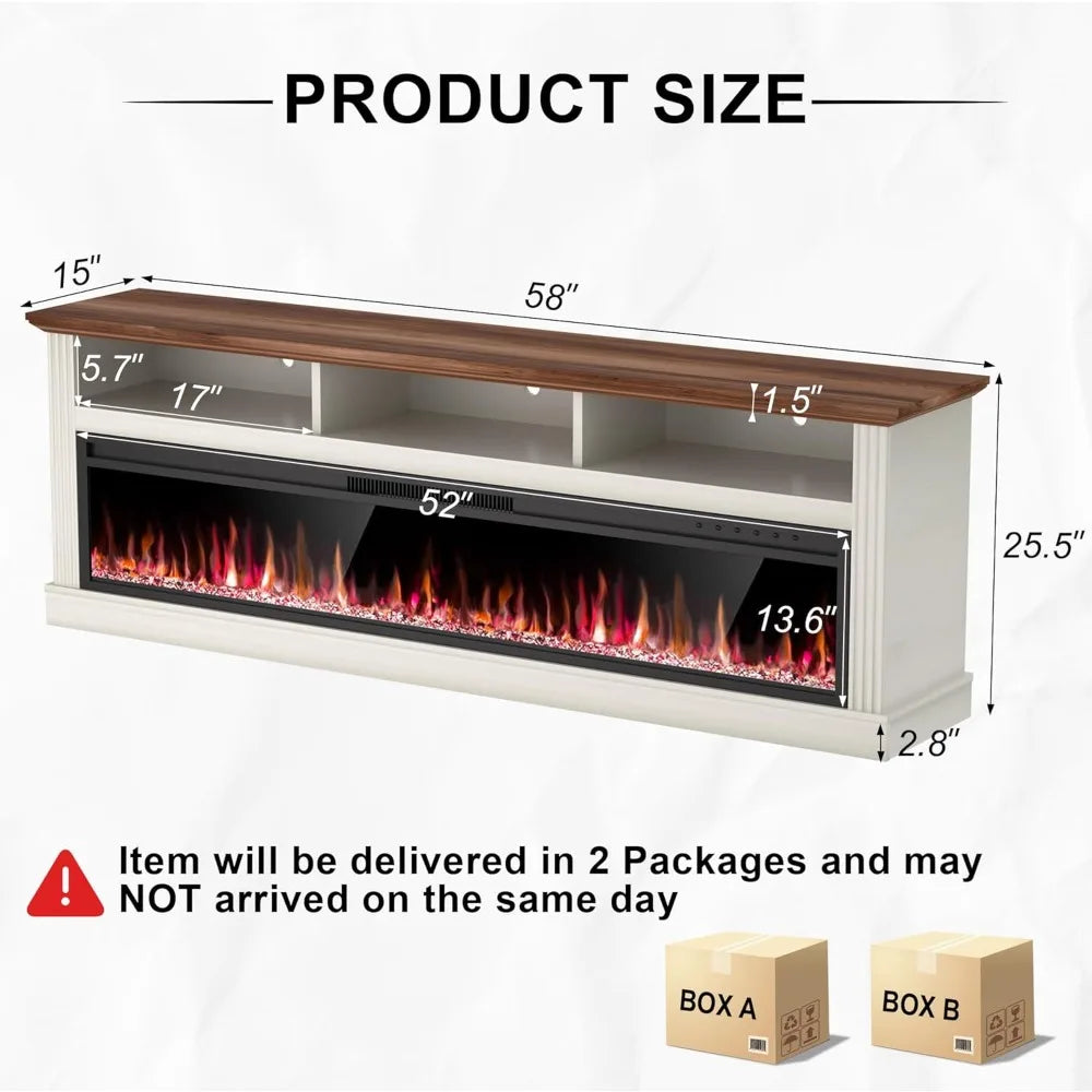 58" Fireplace TV Stand for TVs Up to 65" with 52" Electric Fireplace,White Entertainment Center,Led Light TV Consoles