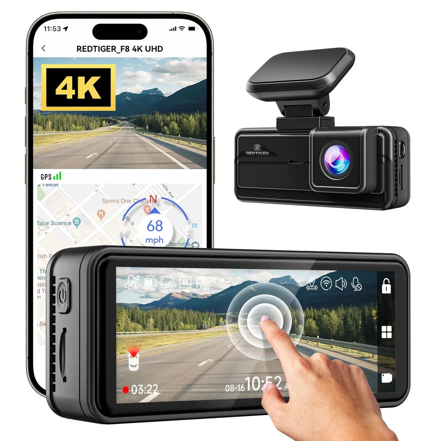 REDTIGER Dash Cam HD 4K Built-in GPS 70FOV Car DVR 5G WIFI APP Control Fatigue Driving Reminder Car Camera with Night Vision