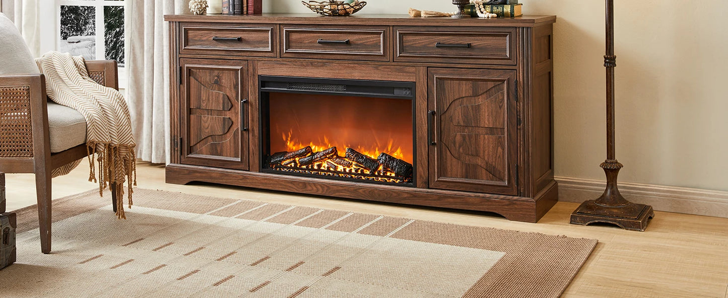 Farmhouse TV Stand for Up to 80 Inch TV, Entertainment Center with Electric Fireplace, Storage Cabinet Drawer for Living Room