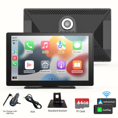 9 Inches Portable Wireless CarPlay with 4K Dash Cam with 64G TF Card,
