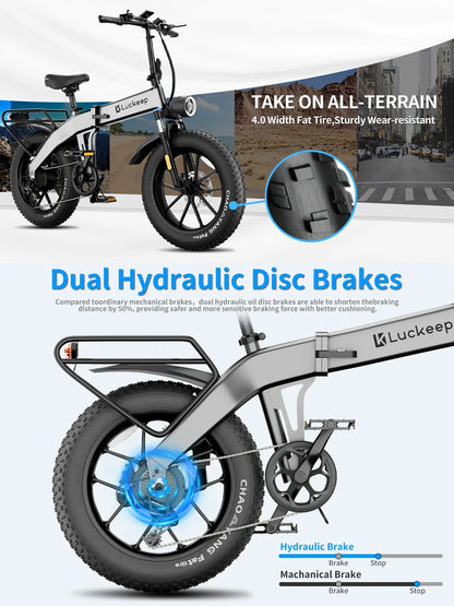 Luckeep X1 Fold Electric Bike 1500W Peak Motor 48V15AH Battery Electric Bicycle Hydraulic Disc Brakes 20" x 4.0" Fat Tire Ebike