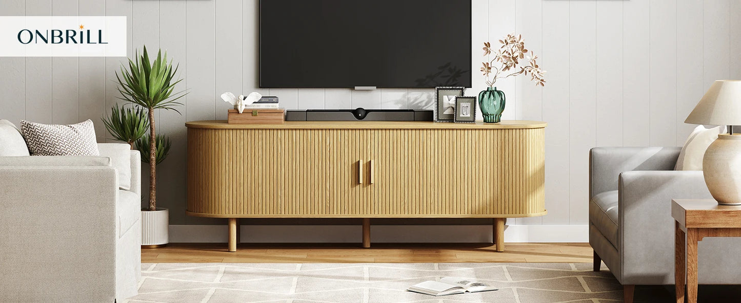 TV Stand Living Room Furniture with Power Outlet for TVs up to 60/70",TV Table with Sliding Doors Storage Adjustable Shelves