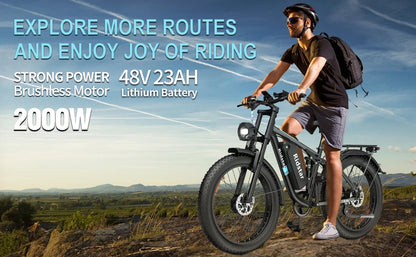 Ridstar 2000W Electric Bike 26 Inch Fat Tire Adult Ebike 48V 23AH Battery Dual Motor Off-Road All Terrain Electric Bicycle EMTB
