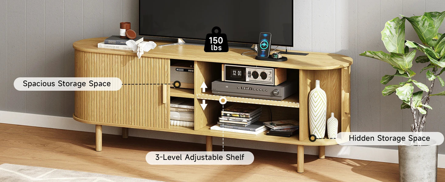 TV Stand Living Room Furniture with Power Outlet for TVs up to 60/70",TV Table with Sliding Doors Storage Adjustable Shelves