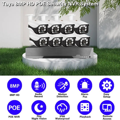 4K 8MP TUYA Security Kit 8CH POE NVR Outdoor Audio Record Human Detection Bullet IP Camera Video Surveillance Smart Life System