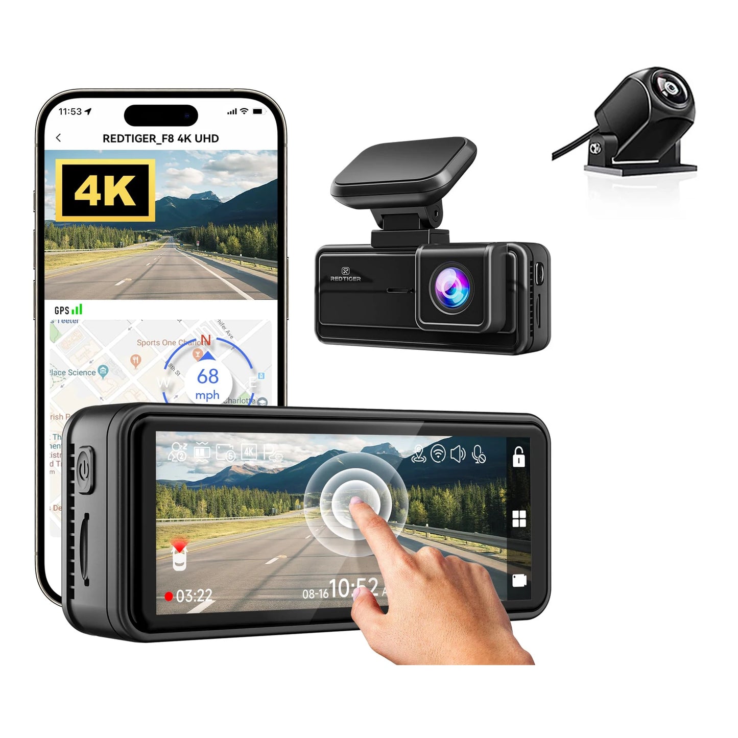 REDTIGER Dash Cam HD 4K Built-in GPS 70FOV Car DVR 5G WIFI APP Control Fatigue Driving Reminder Car Camera with Night Vision