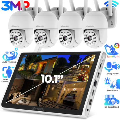 3MP Wireless Surveillance Kit Outdoor WiFi IP PTZ Security Camera System 8CH NVR Kit with 10.1 Inch Monitor Home Mornitoring Set