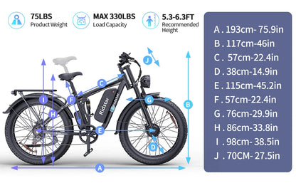 Ridstar 2000W Electric Bike 26 Inch Fat Tire Adult Ebike 48V 23AH Battery Dual Motor Off-Road All Terrain Electric Bicycle EMTB