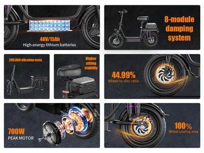 Adults Electric Scooter with Seat, 48V 15AH Foldable Electric Scooter,14" Tires,700W Peak Motor,22MPH, 30+Mile Long Range