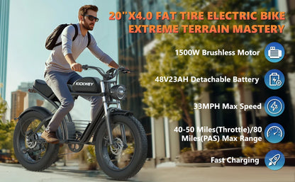 Kickwey K7 Adult Electric Bicycle 1500w 48V 23ah Mountain Electric Bike 20 Inch Fat Tire Outdoor Entertainment Off Road E Bike