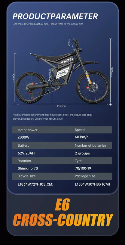 FVKINGE6 off-road electric bicycle 25 inch tires 52V40AH electric motorcycle peak 2900W motor 60KM/H