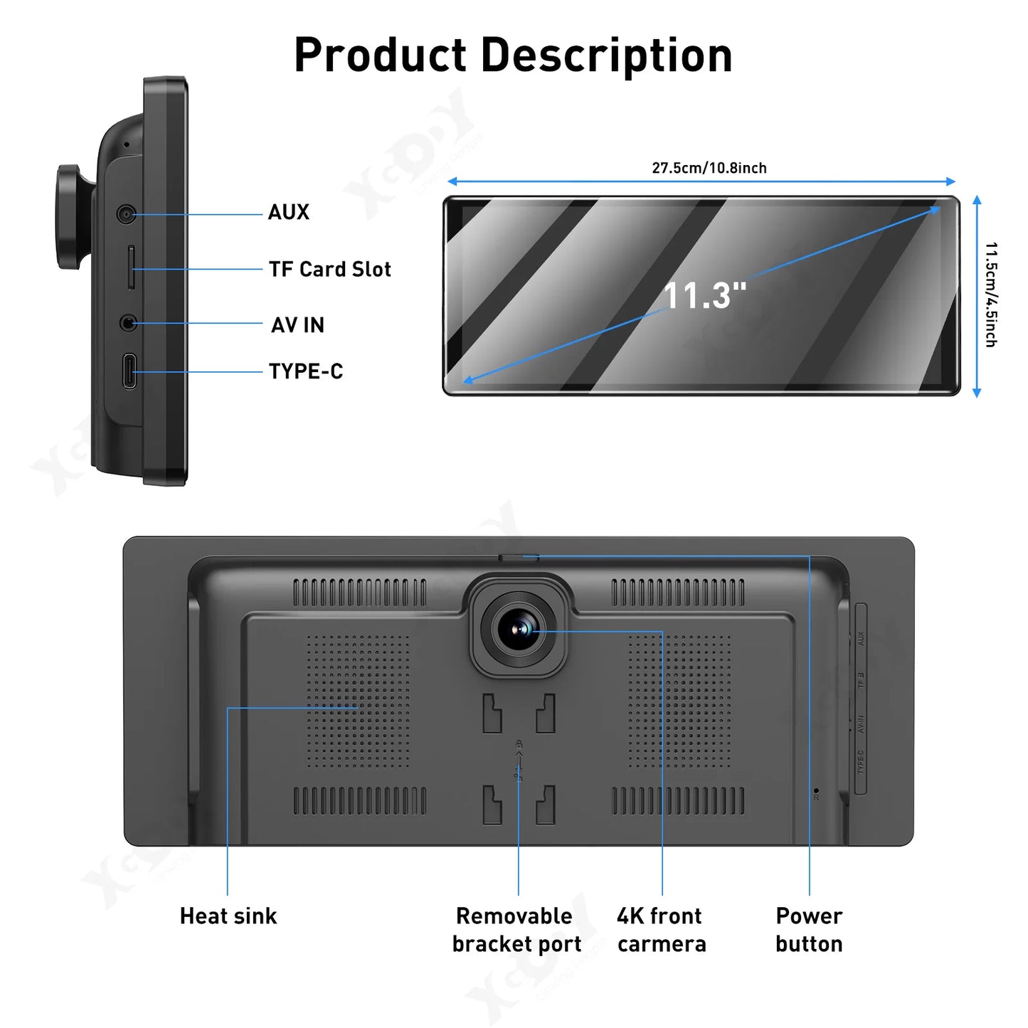 XGODY 11.3" Wireless CarPlay & Android Auto Dash Cam ADAS 4K DVR