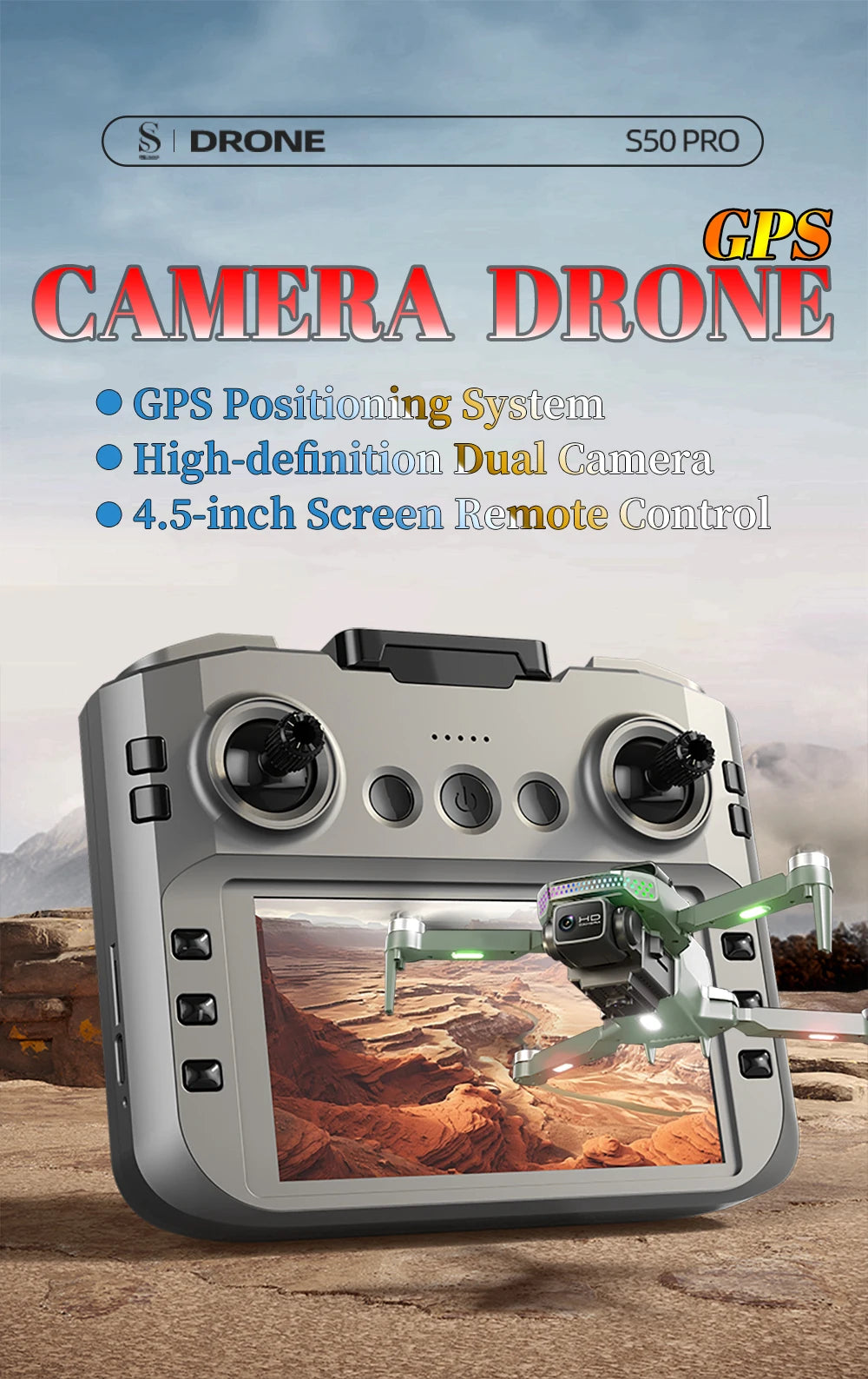 『GPS』S50 Pro Drone Toys, 2 Batteries, 4.5-inch Large Screen Remote, HD Camera: Capture & Record & Live View, Obstacle Avoidance