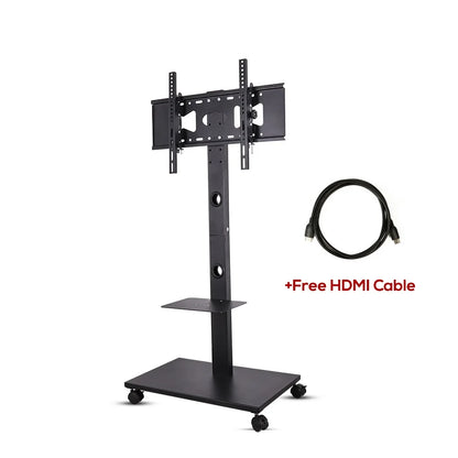 Tilting Height Adjustable TV Floor Stand Mount Display Trolley with Locking Wheels Two Shelves Free HD Cable for 32-65 Inch