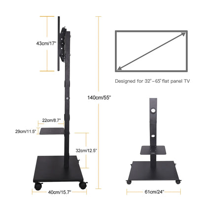 Tilting Height Adjustable TV Floor Stand Mount Display Trolley with Locking Wheels Two Shelves Free HD Cable for 32-65 Inch