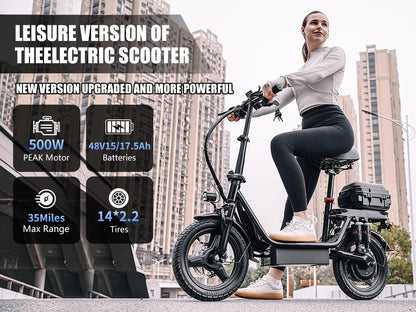 Adults Electric Scooter with Seat, 48V 15AH Foldable Electric Scooter,14" Tires,700W Peak Motor,22MPH, 30+Mile Long Range