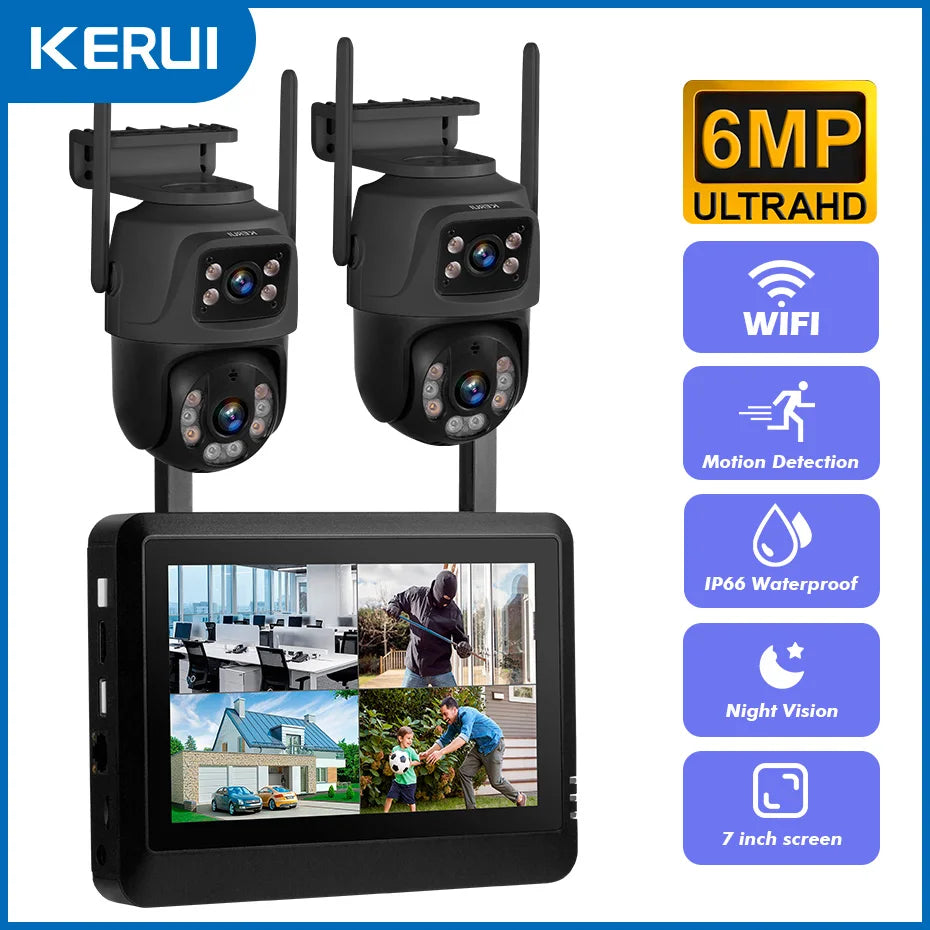 KERUI Wireless 6MP Dual Lens WIFI IP Camera 8CH NVR 7-inch LCD Screen Video Recorder  Home Security Camera System Surveillance
