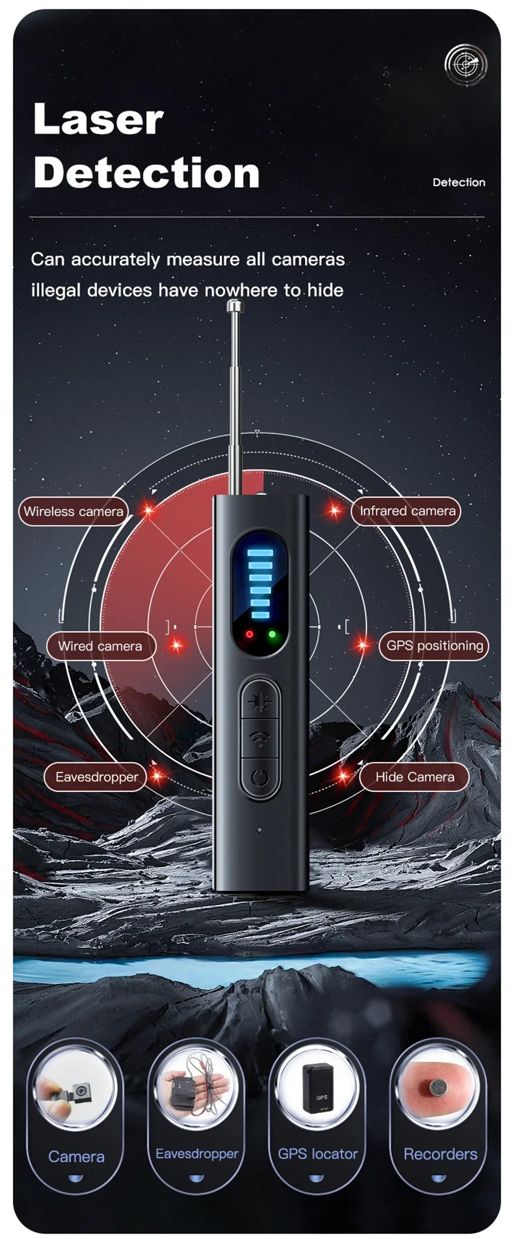 Hidden Camera Detector Anti-Spy Car GPS Tracker Listening Device Bug RF Wireless All Signal Scanner Gadget Security Protection